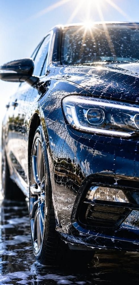 Berline bleu nuit fraîchement lavée, carrosserie perlée d'eau au soleil